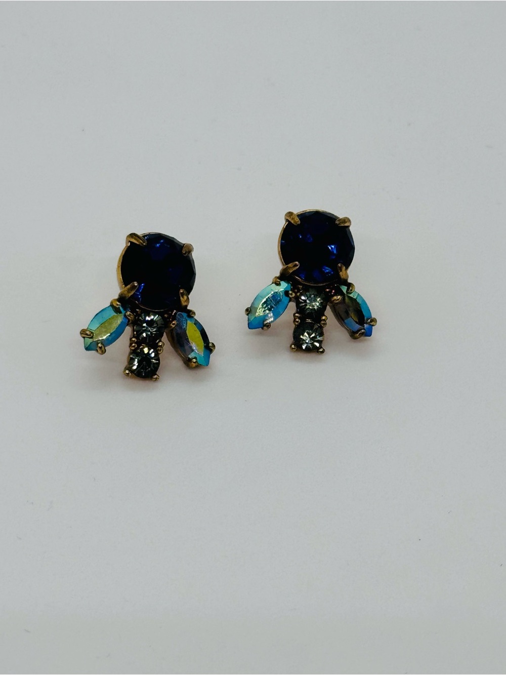 J.Crew Blue Rhinestone Cluster Stud Earrings Antique Gold Tone Statement Crystal